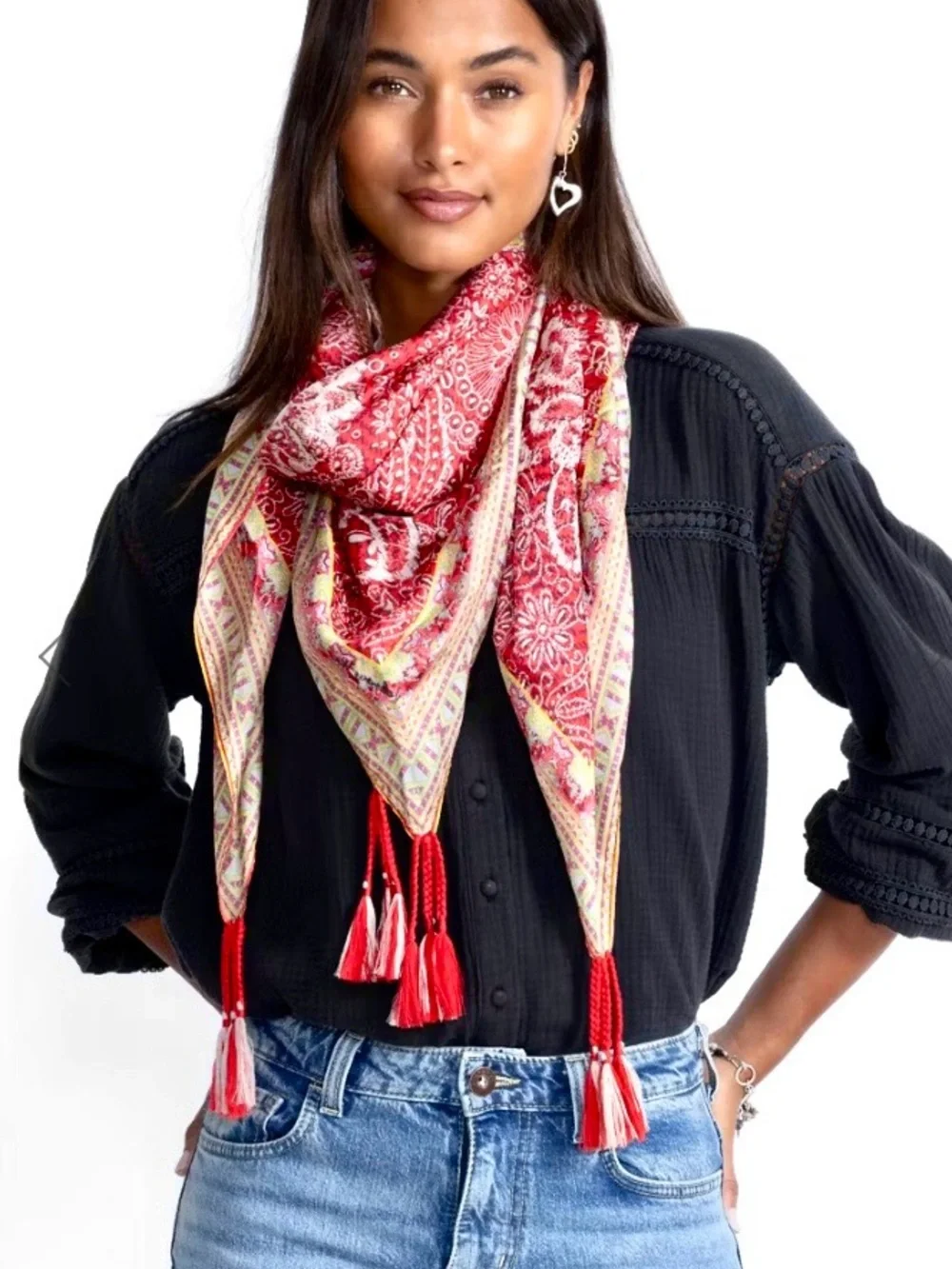 NEW Johnny Was Red Lace Silk Scarf Braided Tassels Red Cream Large 44